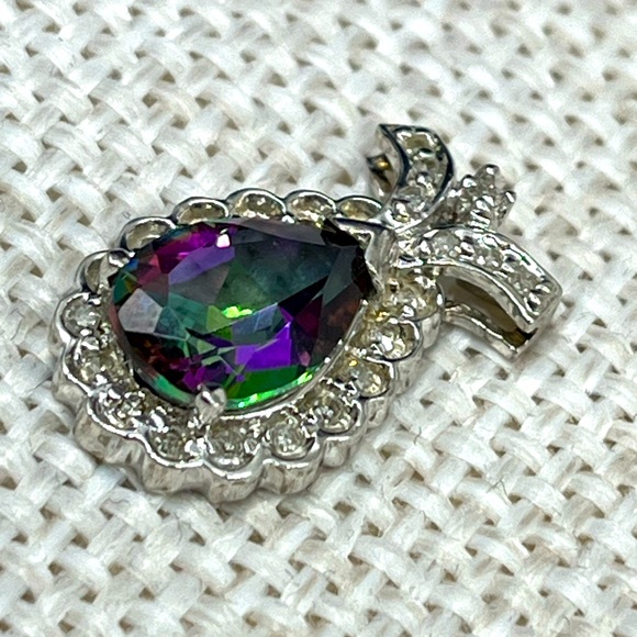 Vintage 10k White Gold Mystic Topaz & Diamond Pendant - 2.5g